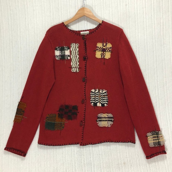 Coldwater Creek Patchwork Cardigan Sweater Knit Button Up Cottagecore Red L - Picture 3 of 7